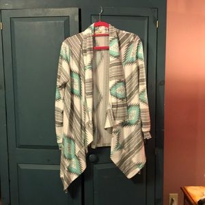 Mint green and gray tribal designed open cardigan